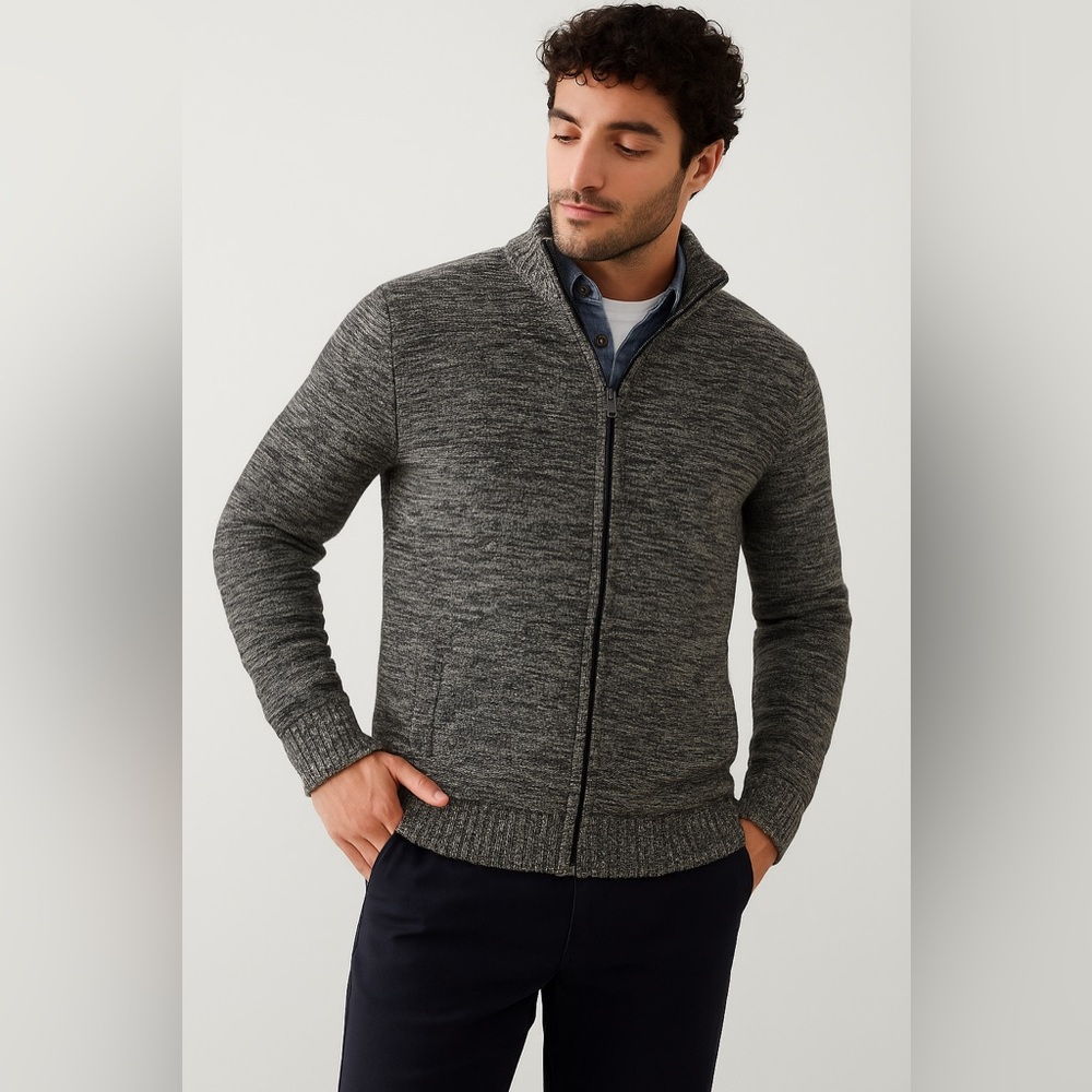 Banana Republic Men's 100% Cotton Black/White Full-Zip Knit Sweater Sz. L